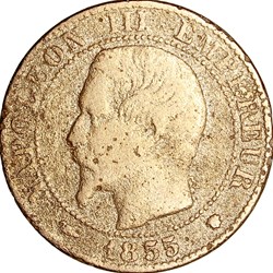 Cinq centimes, tête nue, Napoléon III, 1855, chien, Marseille