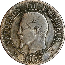 Deux centimes, tête nue, Napoléon III, 1853, Paris