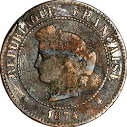 5 centimes Cérès, IIIe République, 1874, Bordeaux