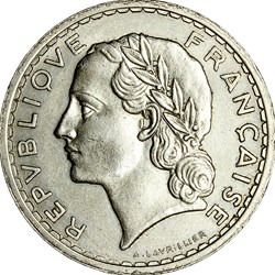5 francs Lavrillier, nickel, IIIe République, 1938