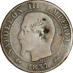 Cinq centimes, tête nue, Napoléon III, 1857, Lyon