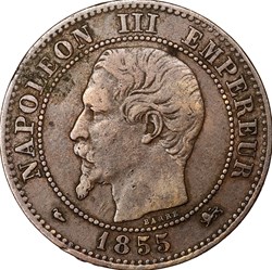 Deux centimes, tête nue, Napoléon III, 1855, chien, grand lion, grand D, Lyon