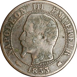 Cinq centimes, tête nue, Napoléon III, 1853, Bordeaux