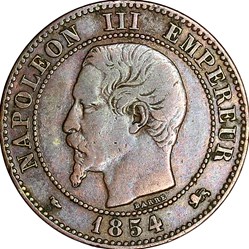 Deux centimes, tête nue, Napoléon III, 1854, grand lion, grand D, Lyon