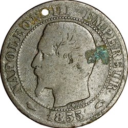 Cinq centimes, tête nue, Napoléon III, 1855, chien, Paris