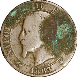 Cinq centimes, tête laurée, Napoléon III, 1863, Paris