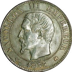Cinq centimes, tête nue, Napoléon III, 1855, ancre, Bordeaux