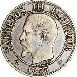 Deux centimes, tête nue, Napoléon III, 1855, ancre, petit lion, petit D, Lyon