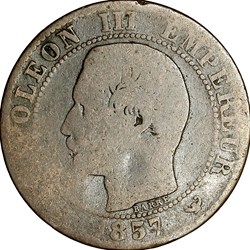 Cinq centimes, tête nue, Napoléon III, 1857, Lille
