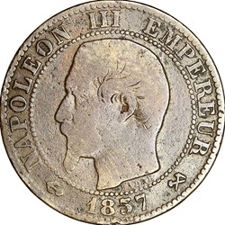 Cinq centimes, tête nue, Napoléon III, 1857, Rouen