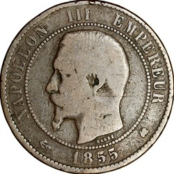 Dix centimes, tête nue, Napoléon III, 1855, ancre, feuille horizontale, Bordeaux (coins tournés)