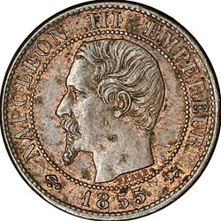 Un centime, tête nue, Napoléon III, 1855, ancre normale, Lyon