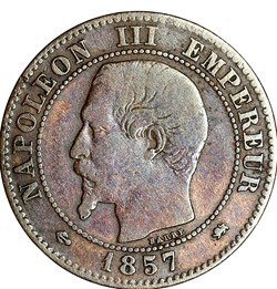 Deux centimes, tête nue, Napoléon III, 1857, petit lion, petit D, Lyon