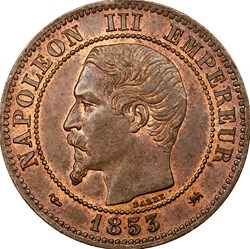 Deux centimes, tête nue, Napoléon III, 1853, petit D, Lyon