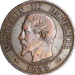 Deux centimes, tête nue, Napoléon III, 1855, chien, Paris