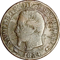Cinq centimes, tête nue, Napoléon III, 1854, Lyon