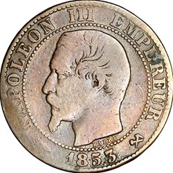 Cinq centimes, tête nue, Napoléon III, 1853, Rouen