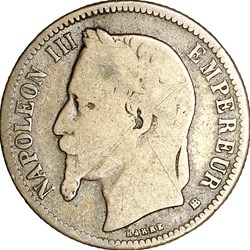 1 franc, tête laurée, Napoléon III, 1867, BB normal, Strasbourg