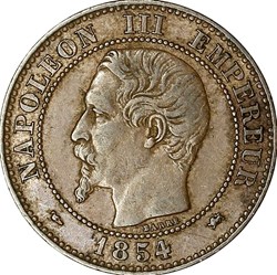 Deux centimes, tête nue, Napoléon III, 1854, petit lion, grand D, Lyon