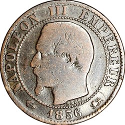 Cinq centimes, tête nue, Napoléon III, 1856, Lyon
