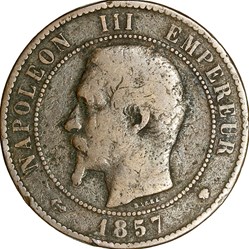 Dix centimes, tête nue, Napoléon III, 1857, Marseille