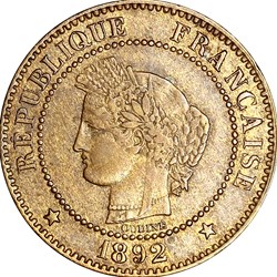 2 centimes Cérès, IIIe République, 1892, Paris