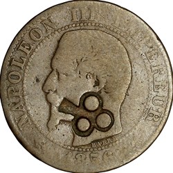 Cinq centimes, tête nue, Napoléon III, 1856, Bordeaux, contremarque trèfle