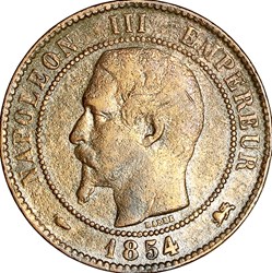 Dix centimes, tête nue, Napoléon III, 1854, Lyon