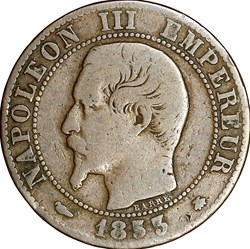 Cinq centimes, tête nue, Napoléon III, 1853, Strasbourg