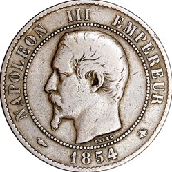 Dix centimes, tête nue, Napoléon III, 1854, grande abeille, Strasbourg