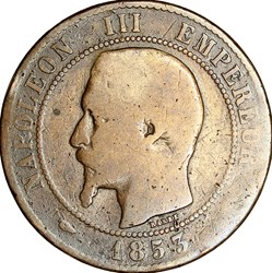 Dix centimes, tête nue, Napoléon III, 1853, coquille normale, Marseille