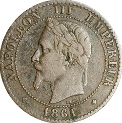 Deux centimes, tête laurée, buste provisoire, Napoléon III, 1861, Strasbourg