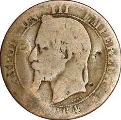 Cinq centimes, tête laurée, Napoléon III, 1864, Strasbourg