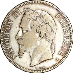 5 francs, tête laurée, Napoléon III, 1869, Strasbourg