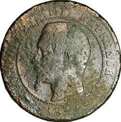Dix centimes, tête nue, Napoléon III, 1854, Lille