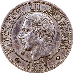 Un centime, tête nue, Napoléon III, 1855, ancre, Strasbourg