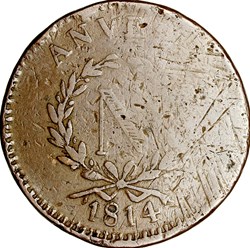 10 centimes d'Anvers au N, Napoléon Ier, 1814, Anvers, atelier de Wolschot