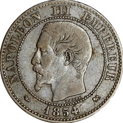 Deux centimes, tête nue, Napoléon III, 1854, Rouen