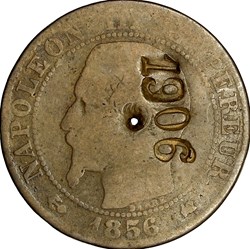 Cinq centimes, tête nue, Napoléon III, 1856, Bordeaux, contremarque 1906