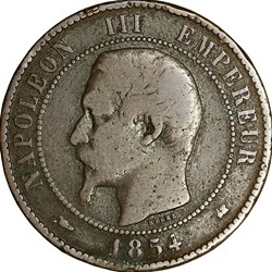 Dix centimes, tête nue, Napoléon III, 1854, Bordeaux