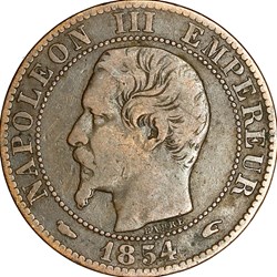 Cinq centimes, tête nue, Napoléon III, 1854, Paris