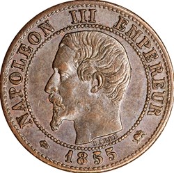 Un centime, tête nue, Napoléon III, 1855, petite ancre, Lyon