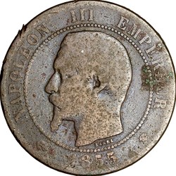 Dix centimes, tête nue, Napoléon III, 1855, ancre, Marseille