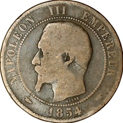 Dix centimes, tête nue, Napoléon III, 1854, Paris