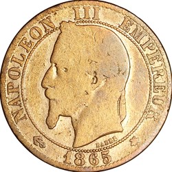 Cinq centimes, tête laurée, Napoléon III, 1865, Paris