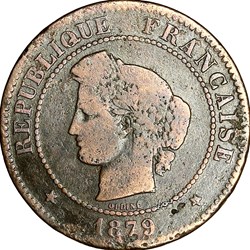 5 centimes Cérès, IIIe République, 1879, ancre barrée, Paris