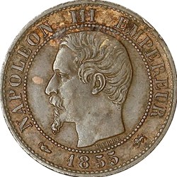 Un centime, tête nue, Napoléon III, 1855, chien, Lyon