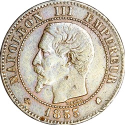 Deux centimes, tête nue, Napoléon III, 1855, ancre, Bordeaux