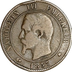 Dix centimes, tête nue, Napoléon III, 1857, Strasbourg