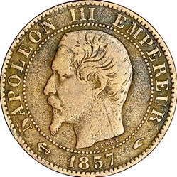 Cinq centimes, tête nue, Napoléon III, 1857, Paris